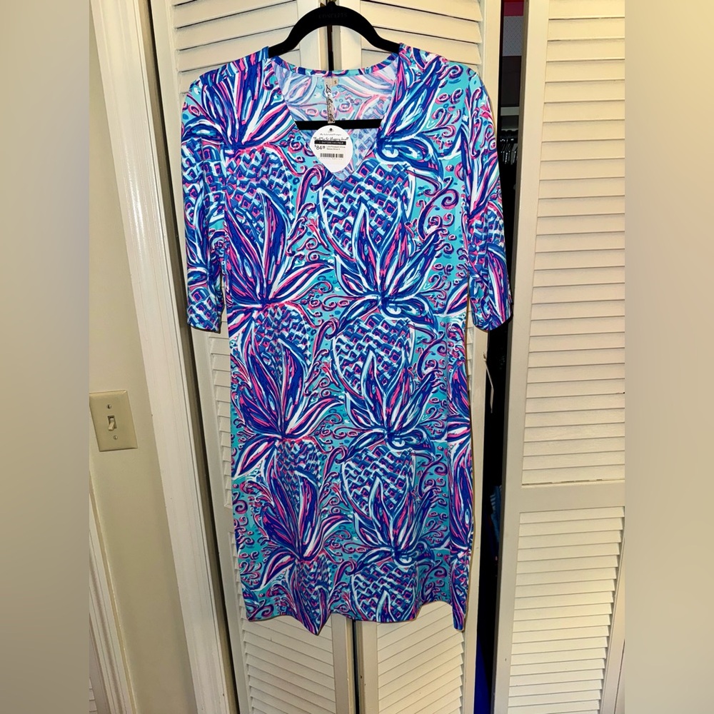 NWT Lulu-B Aqua and Fuchsia Swirl Dress with Pineapple Display